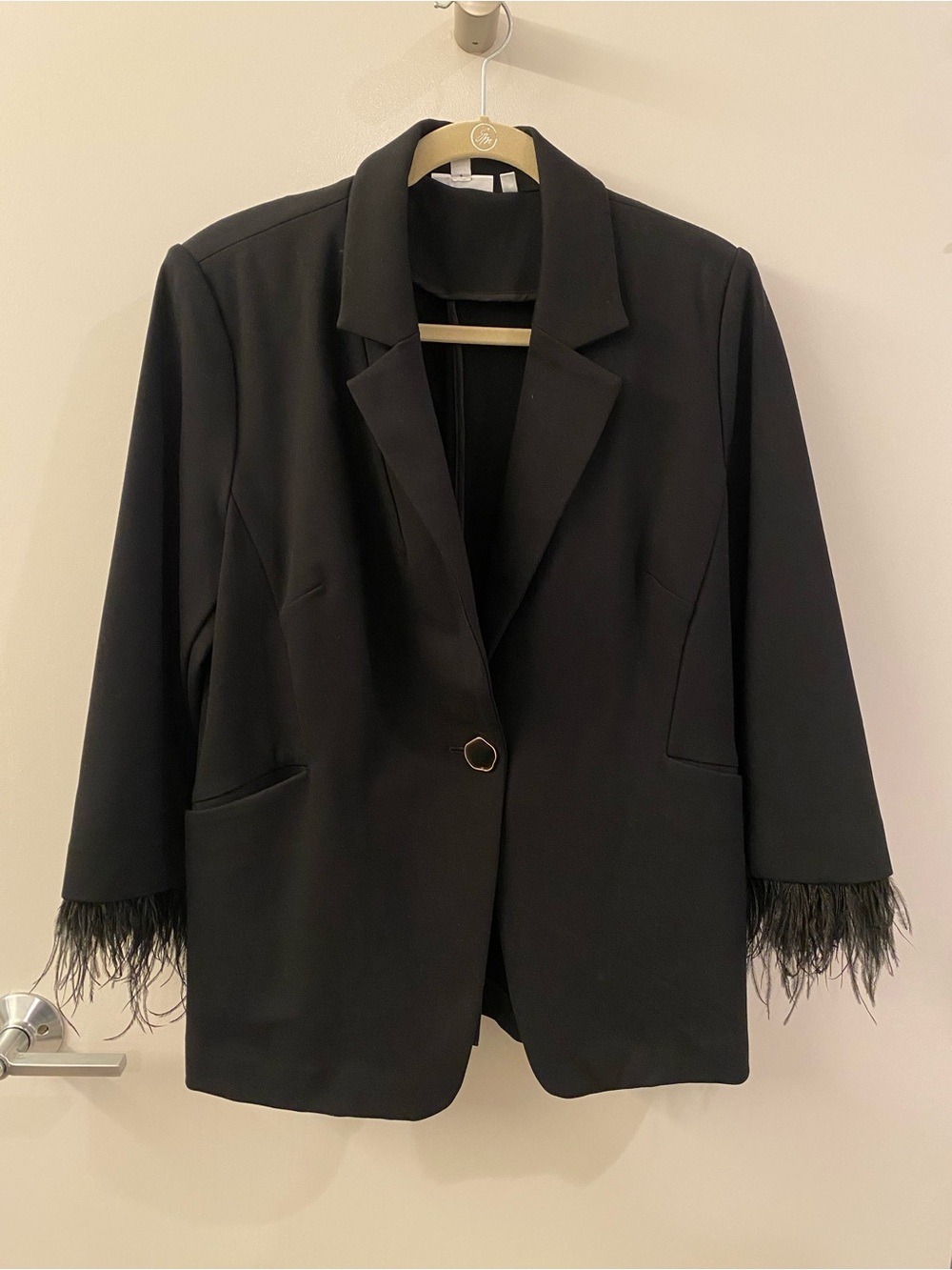 Women's Black Feather-Cuff Single-Button Blazer